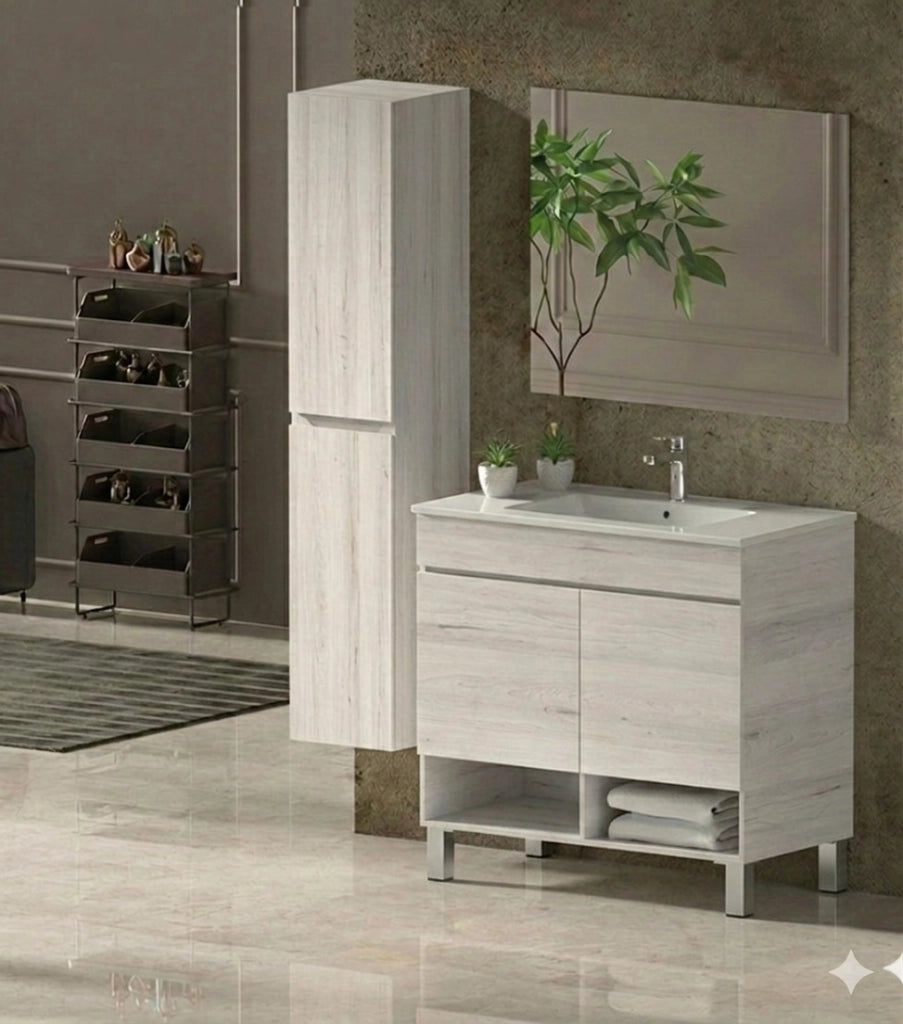 Mobile Bagno NEBARI com gambe Già Montato 2 portas, lavabo e specchio Bianco nordico 60x35 cm con colonna