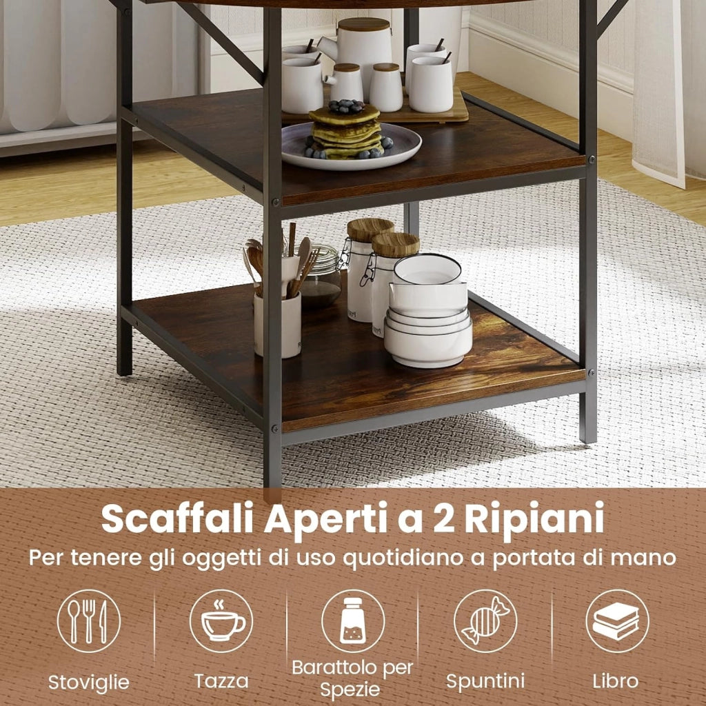 Tavolo da Pranzo Rotondo 120 cm per 4-6 Persone, Tavolo da Cucina Rustico con Ripiano Aperto a 2 Livelli e Struttura in Metallo, Tavolino in Legno per Sala da Pranzo (Marrone)