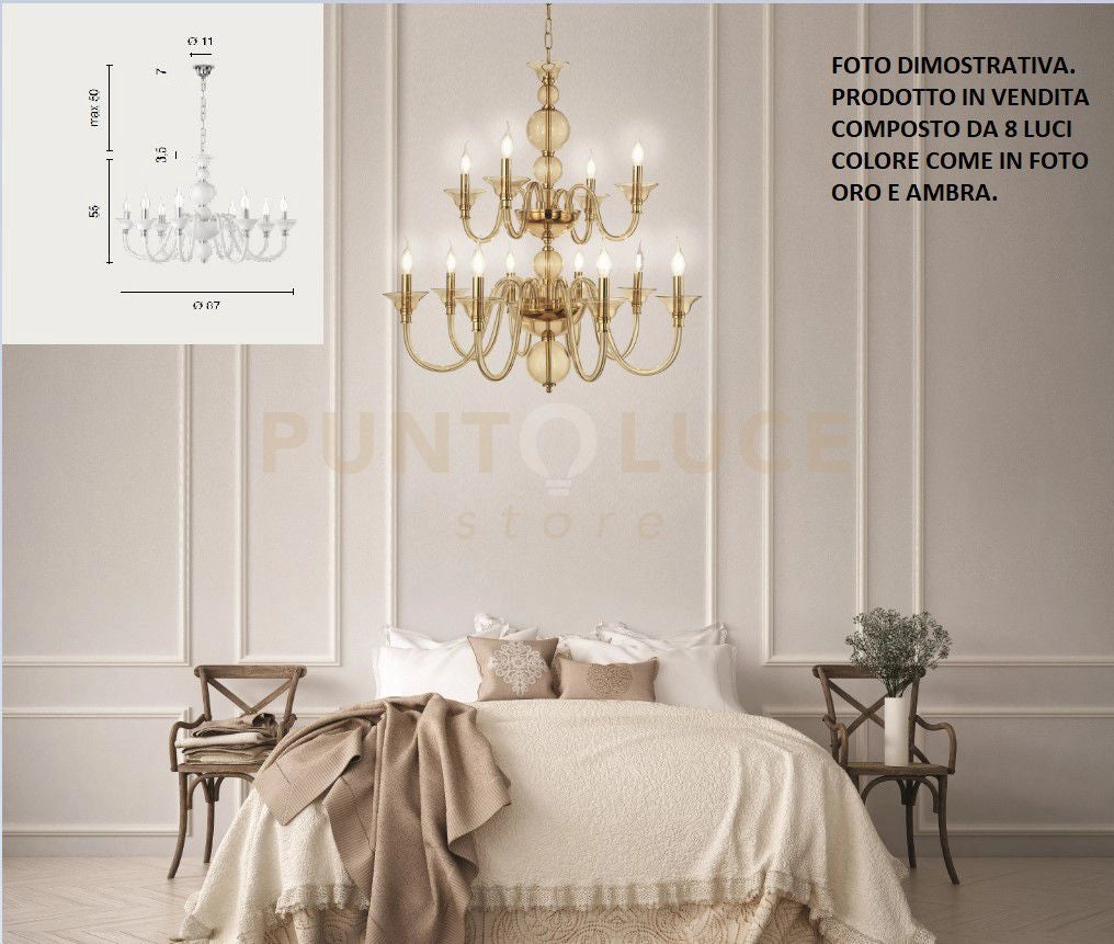 LAMPADARIO TEBE 8 LUCI AMBRA E ORO ATTACCO E14 D.87CM