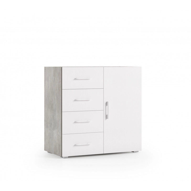 Mobile multiuso 4 cassetti con anta e piano vassoio cemento ante bianche 90x41x87 cm - Terraneo