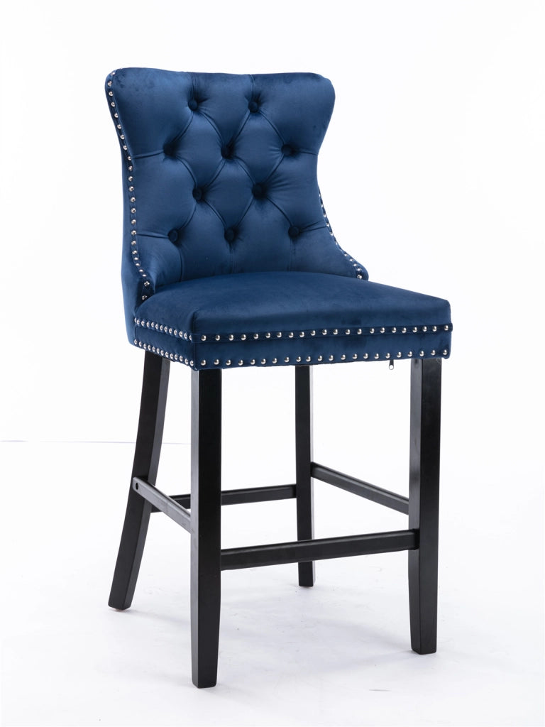 Sgabelli da Bar in Velluto con Bottoni e Gambe in Legno ¨C MINIMAL ¨C Set 2 Pezzi, Blu