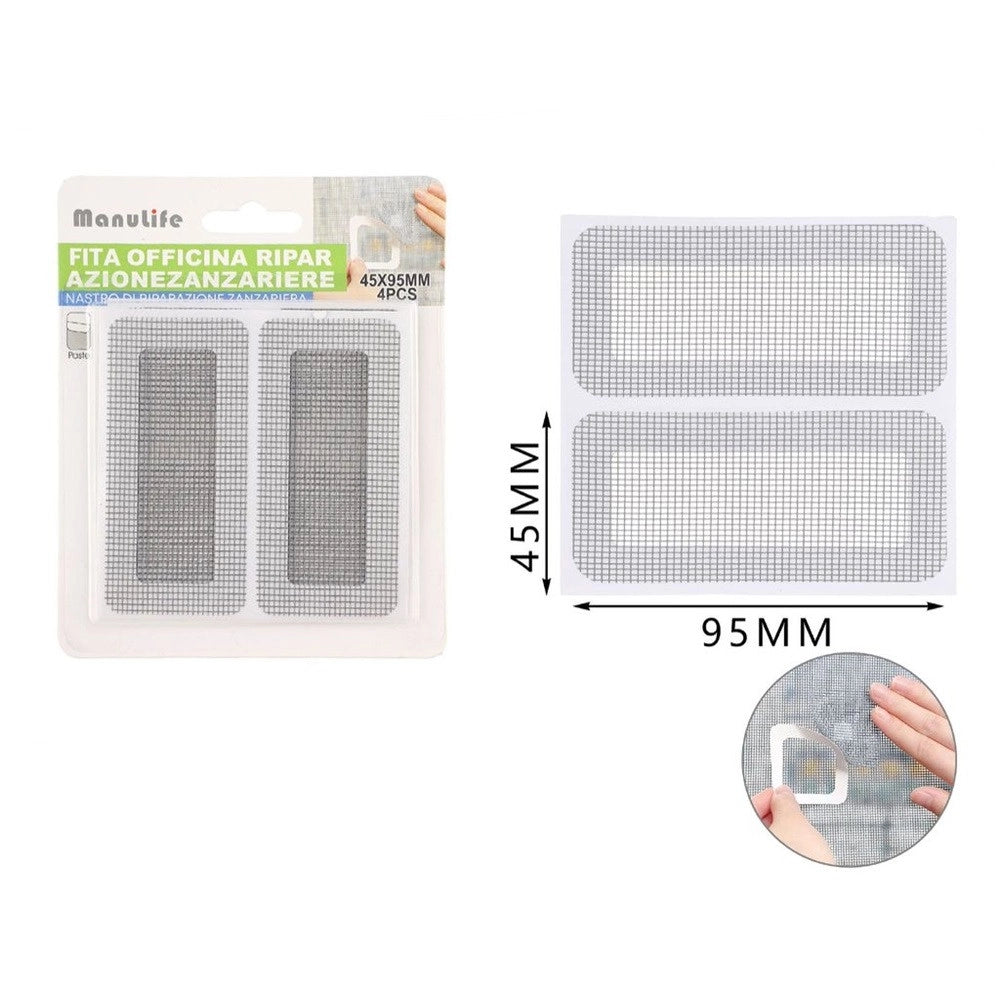 Trade Shop - Set 4 Toppe Adesive A Rete Grigia Per Riparazione Fori Strappi Zanzariere 45x95mm 622153 -