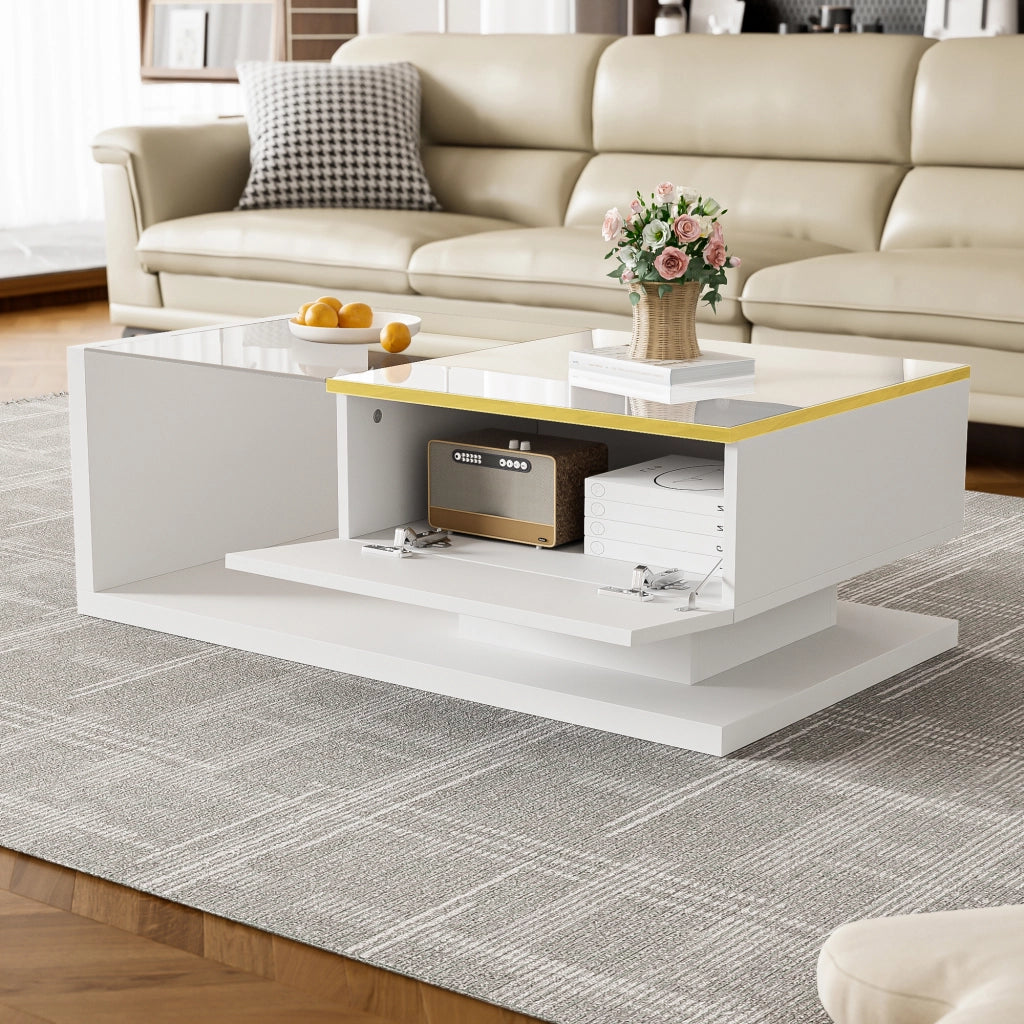 Tavolino da salotto con 1 vano contenitore; ripiani aperti e LED; in truciolare; 90 × 50 × 32.5 cm; Bianco
