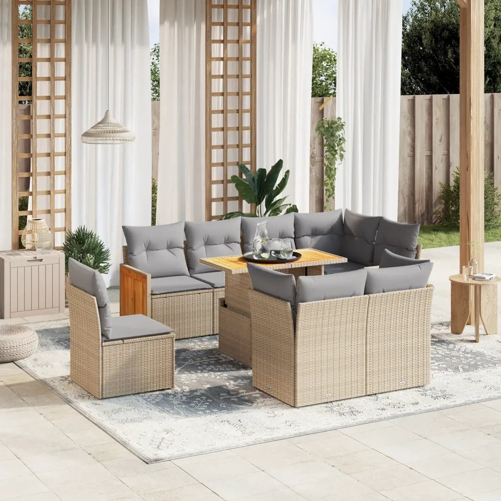 Set Divano da Giardino 9 pz con Cuscini Beige in Polyrattan