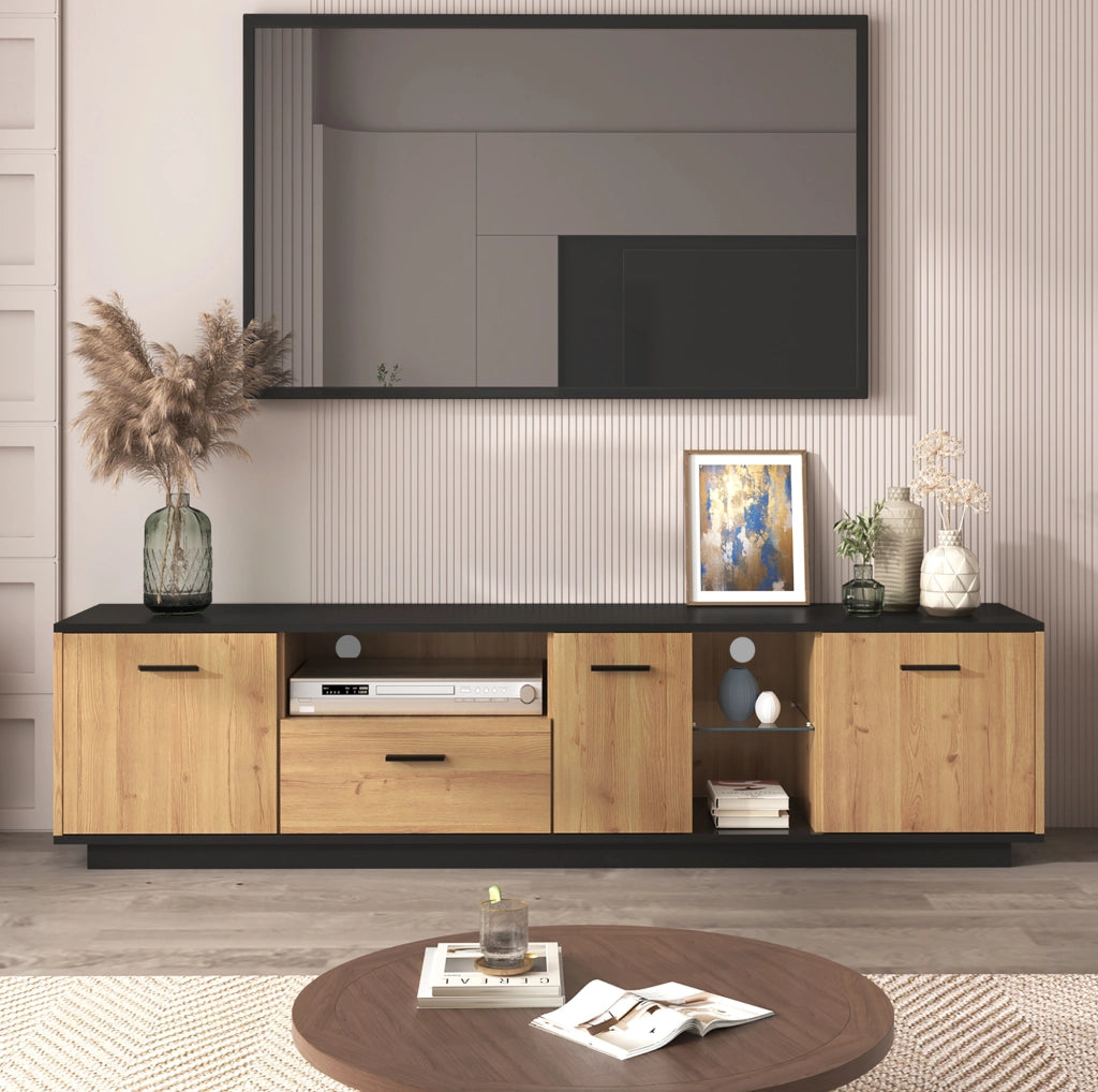 Mobile TV 180x37x45 cm; 16 luci LED con app Bluetooth; 3 ante e cassetto; MDF nero