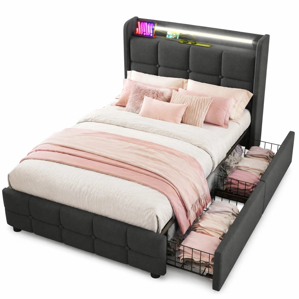 Letto singolo 90x200 cm con LED, prese USB, 2 cassetti e struttura salvaspazio, senza materasso