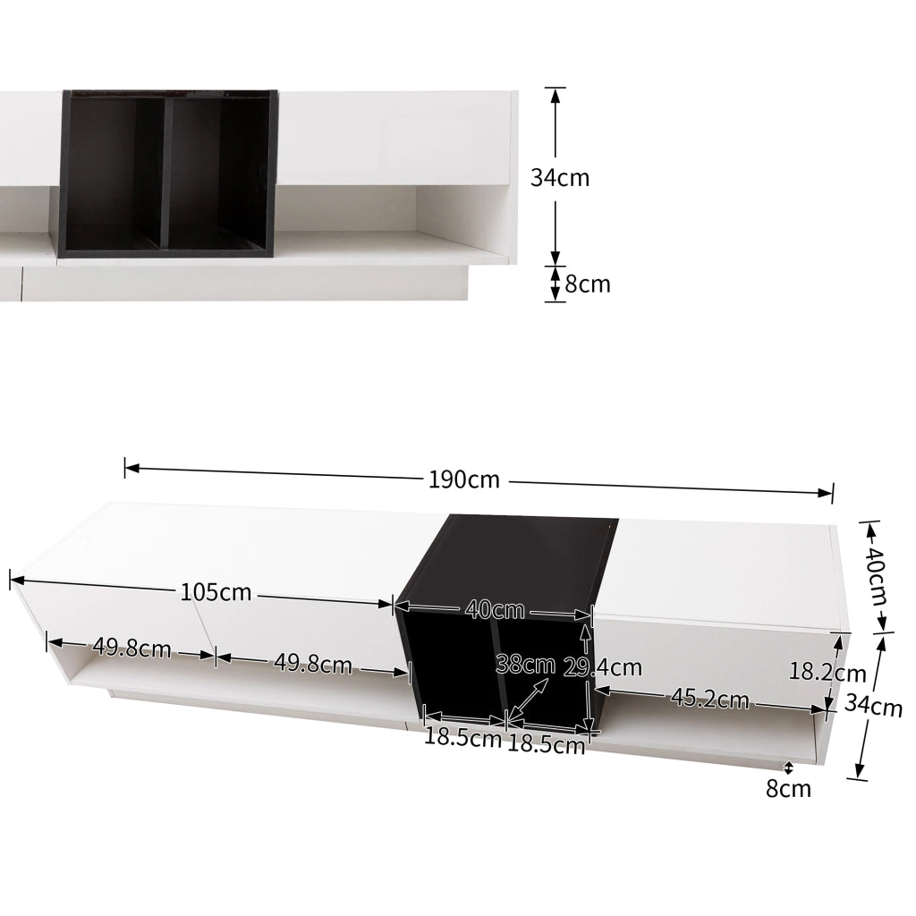 Mobile TV con 3 Cassetti e 2 Vani Aperti; Finitura Lucida; Stile Moderno; 190??40??42 cm; in Pannello Truciolare; Bianco