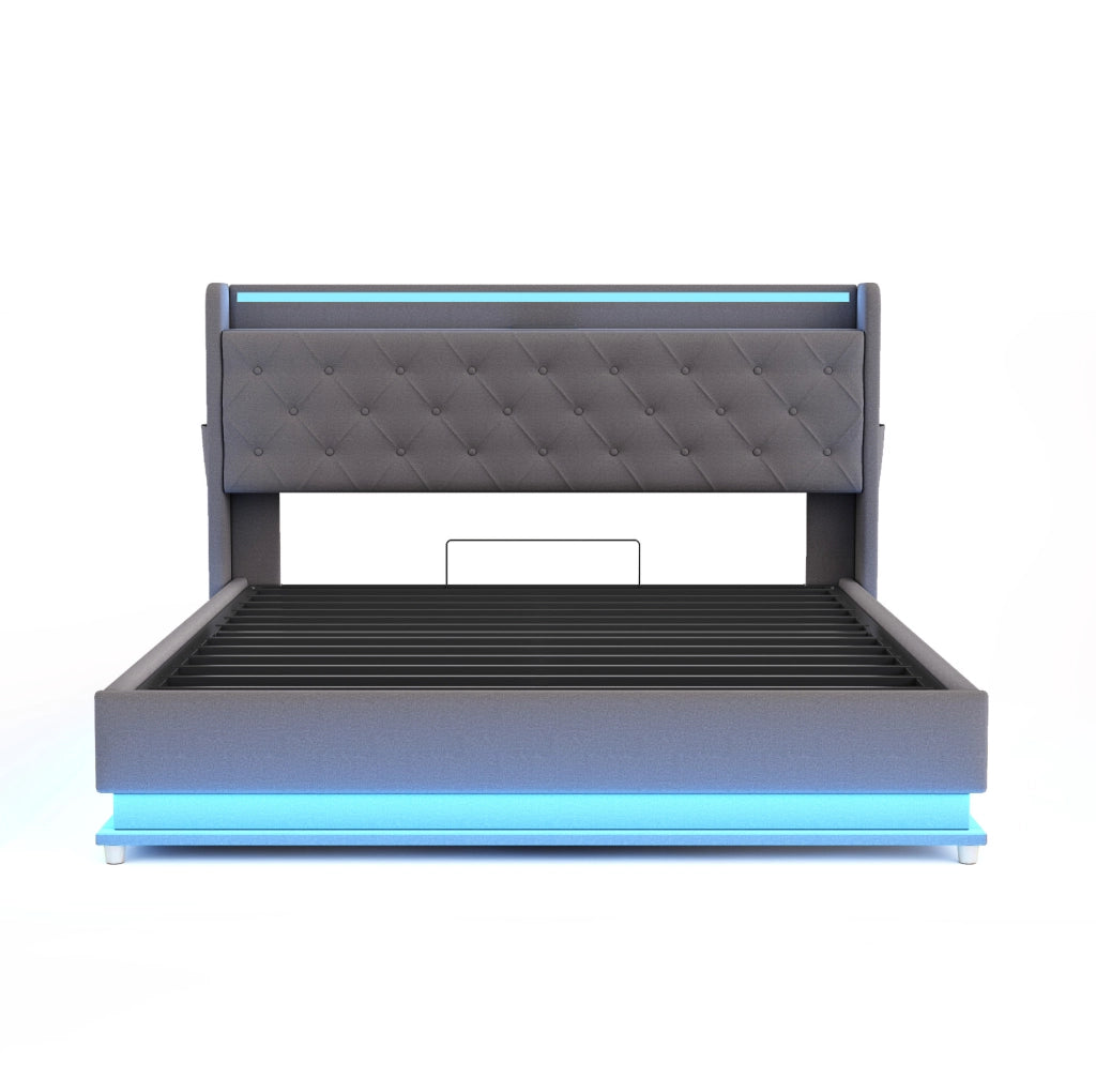 Letto imbottito LED 160x200 cm con USB e contenitore idraulico; tessuto grigio