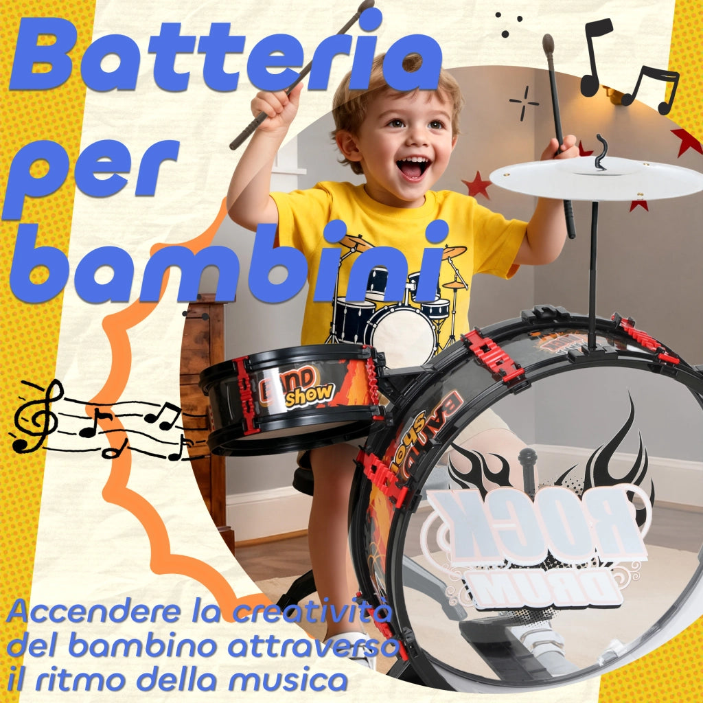 Set Batteria Giocattolo per Bambini con Sgabello, Gioco Musicale per Bambini 3-6 Anni, Nero