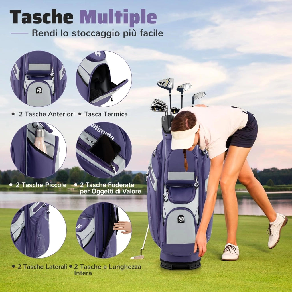 Borsa Carrello da Golf, Sacca da Golf con Serratura e Divisori a 14 Vie, 11 Tasche, Sacca Isolante, Tracolla Imbottita, Maniglie, Porta Ombrello e Cappuccio Antipioggia