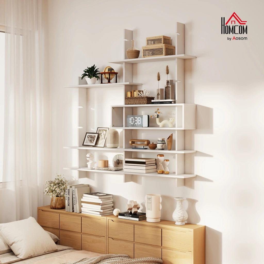 Libreria da Parete Geometrica con 4 Ripiani e Cella Centrale 136x20x140 cm Bianca