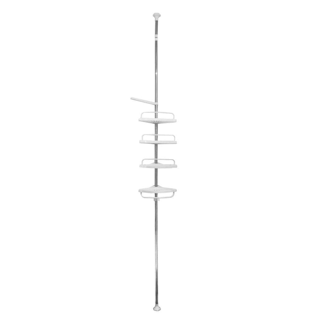 Mensola telescopica da bagno 276-330 cm – 4 ripiani regolabili con ganci – Senza forature – Acciaio inox