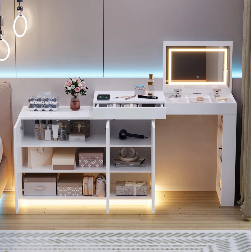 Tavolo da trucco L girevole con specchio LED e vano contenitore