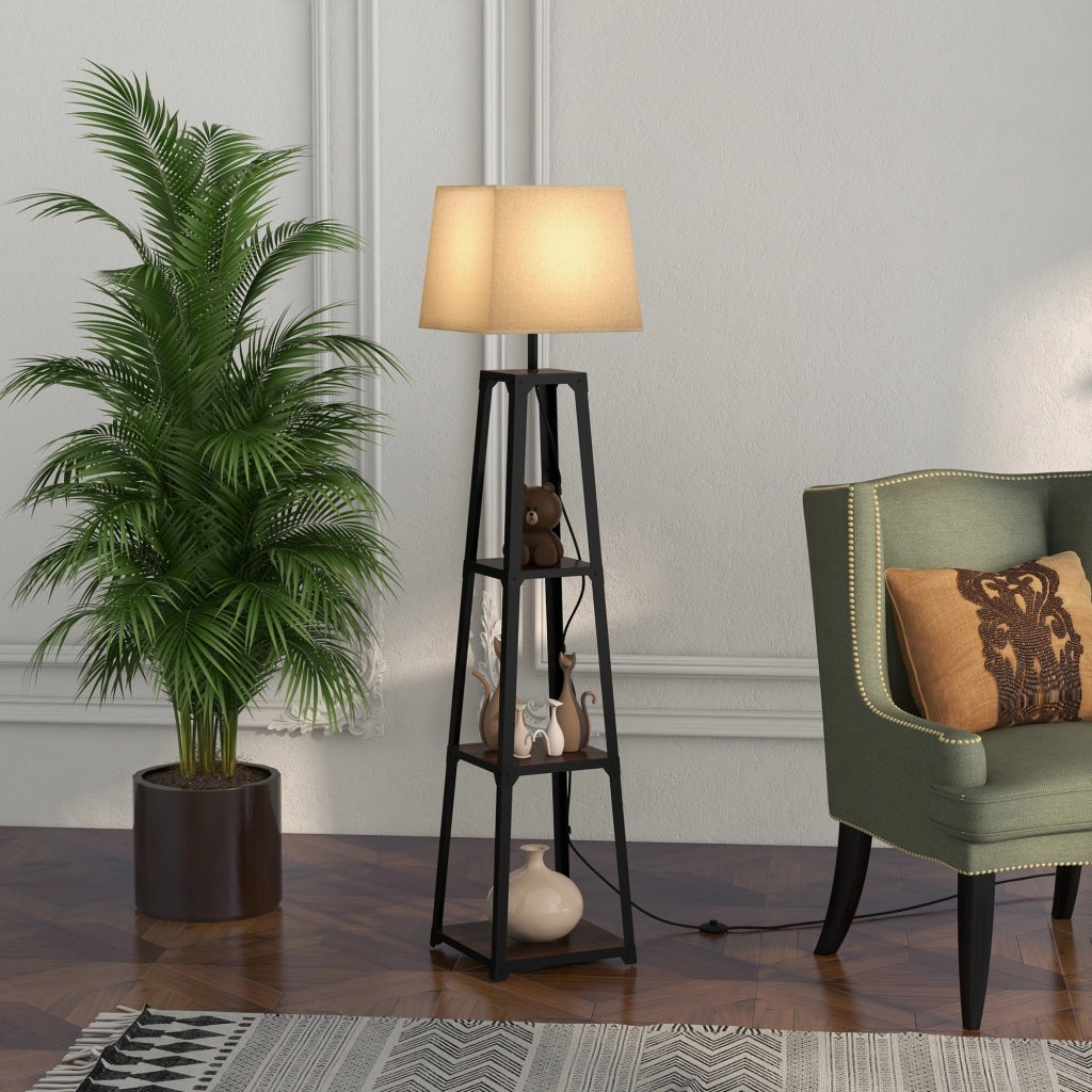 Lampada da Terra in Metallo e MDF a 3 Ripiani con Paralume in Tessuto, ?42x166 cm, Nero e Beige