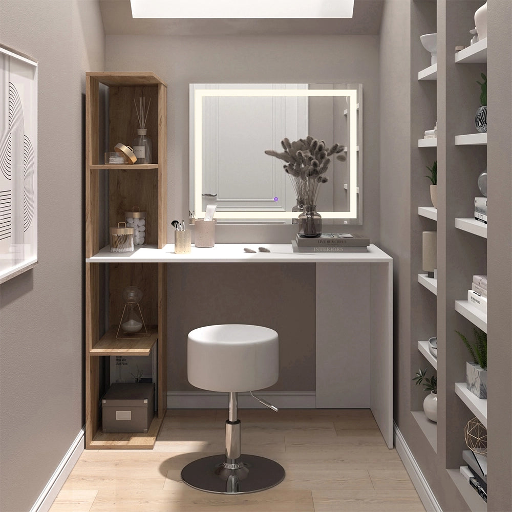 Vicco Tavolo da toeletta Bianco/Sonoma 122.2 cm con specchio LED e sgabello