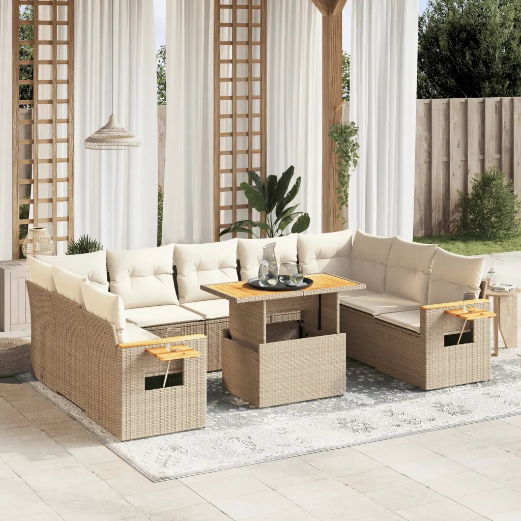 Set Divano da Giardino 10 pz con Cuscini Beige in Polyrattan