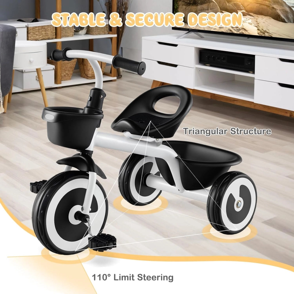 Triciclo Bambino 1-5 Anni, Triciclo Evolutivo con Sedile Comodo Regolabile in 2 Posizioni, Struttura a Triangolo Stabile, 2 Cestini di Stoccaggio, Ruote Antiscivolo, Carico 25 KG (Bianco)
