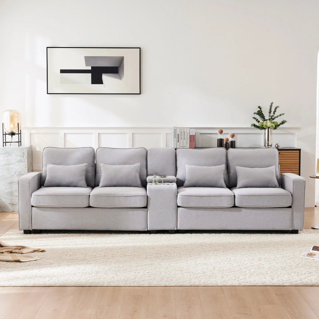 Divano Lineare 4 Posti con USB, Consolle, 2 Portabicchieri e Tasche Laterali, in Lino Grigio 290 × 83 × 88 cm