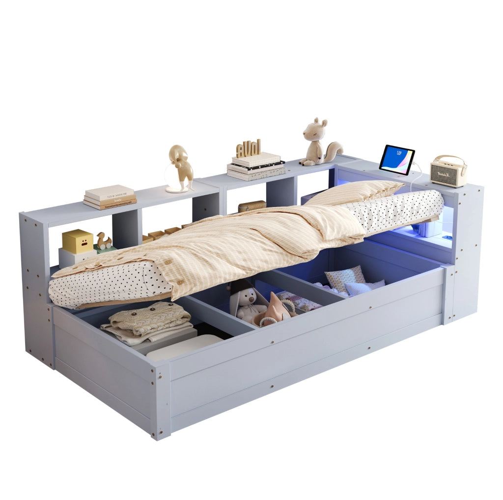 Letto multifunzione 90x200 cm con LED; presa integrata e contenitore; grigio