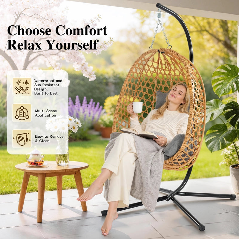 Sedia sospesa con struttura,RATTANTREE sedile e schienale, sedia a forma di uovo, cesto sospeso, sedia sospesa da giardino/patio, marrone