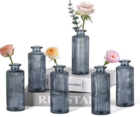 Set di piccole vasi da tavolo, 6 pezzi di vasi in vetro per decorazione di tavola, vasi mini, flaconi in vetro per l'uso domestico, matrimoni, compleanni e feste (nero verticale)