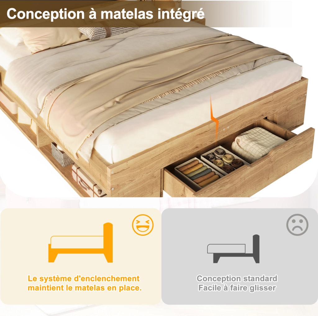 Letto matrimoniale 180x200 cm con contenitore; 2 comodini; luci orientabili; MDF; naturale