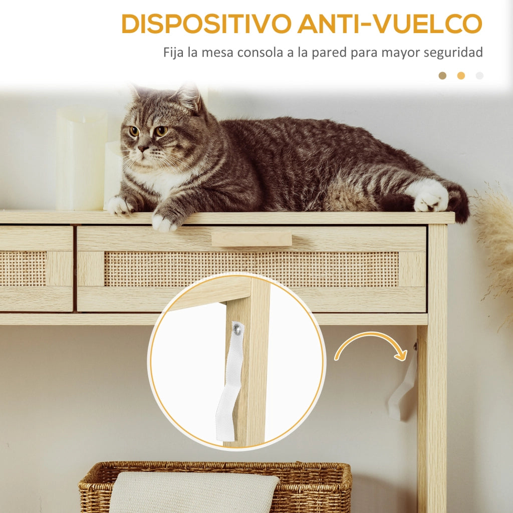 Consolle ingresso con 2 cassetti effetto rattan e ripiano inferiore ¨C Xylo ¨C 100x30x76 cm naturale