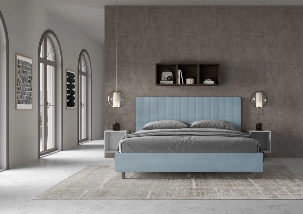 BS COM Letto matrimoniale king size con rete imbottito 190x210 microfibra azzurro