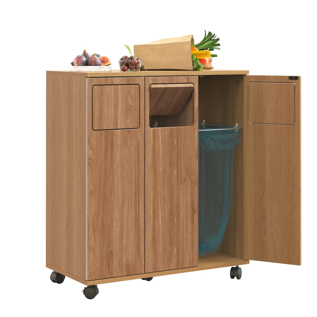 Mobiletto per raccolta differenziata a 3 scomparti con ruote, effetto rovere, 69,3x35x80,3 cm