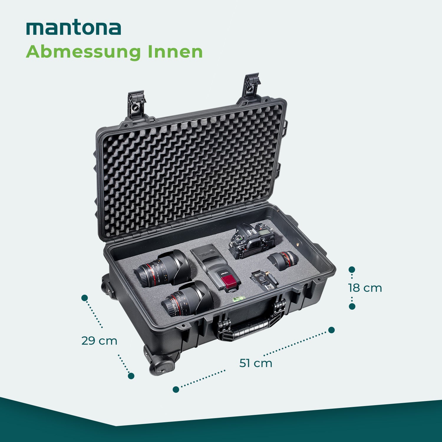 Mantona Outdoor Trolley fotografico nero, impermeabile, antiurto, antipolvere e impilabile, Valigia rigida imbottita in schiuma, per attrezzature fotografi e oggetti di valore