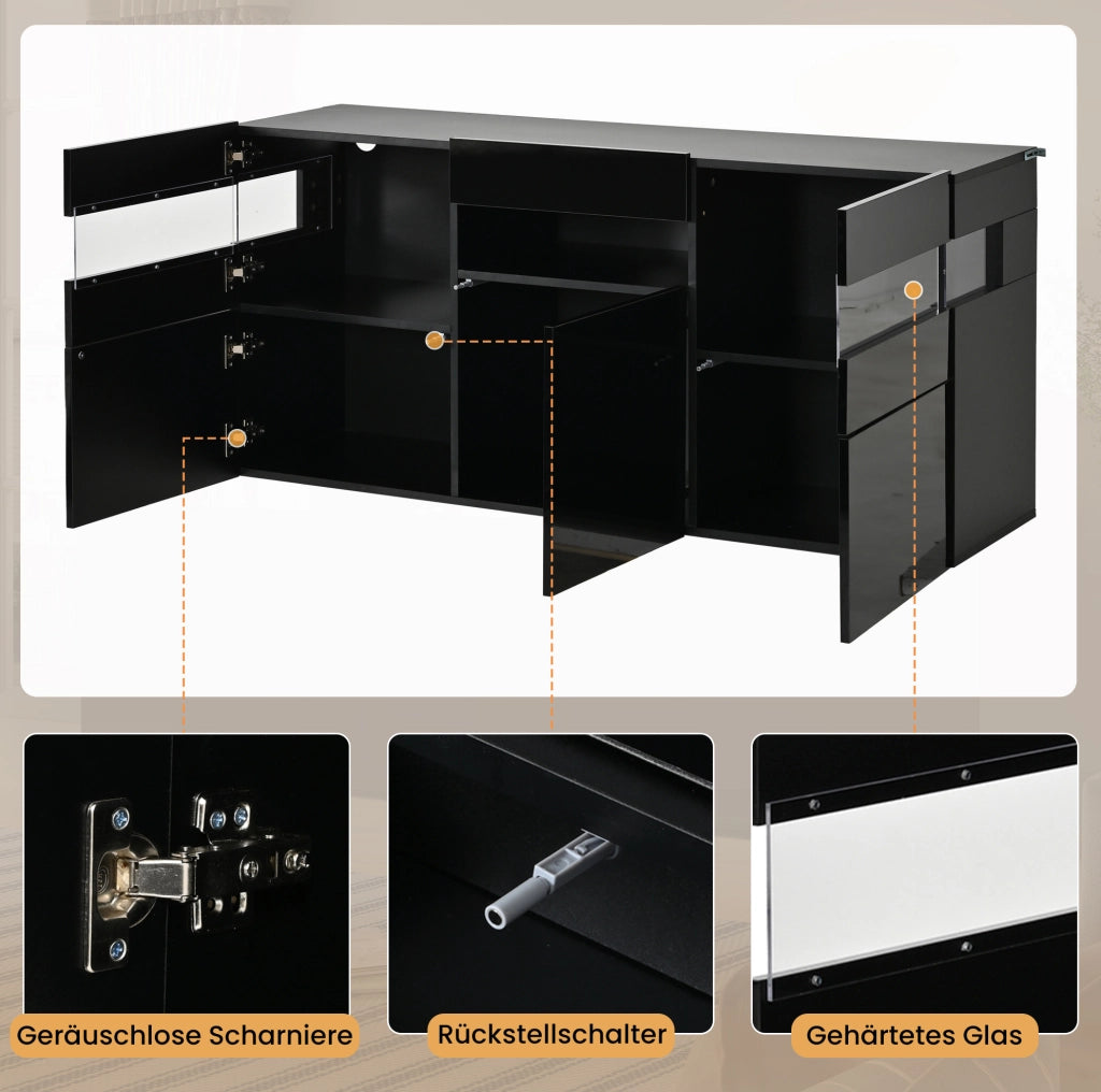 Sideboard moderno nero 140 cm con 3 ante, LED controllabile via app e 7 vani