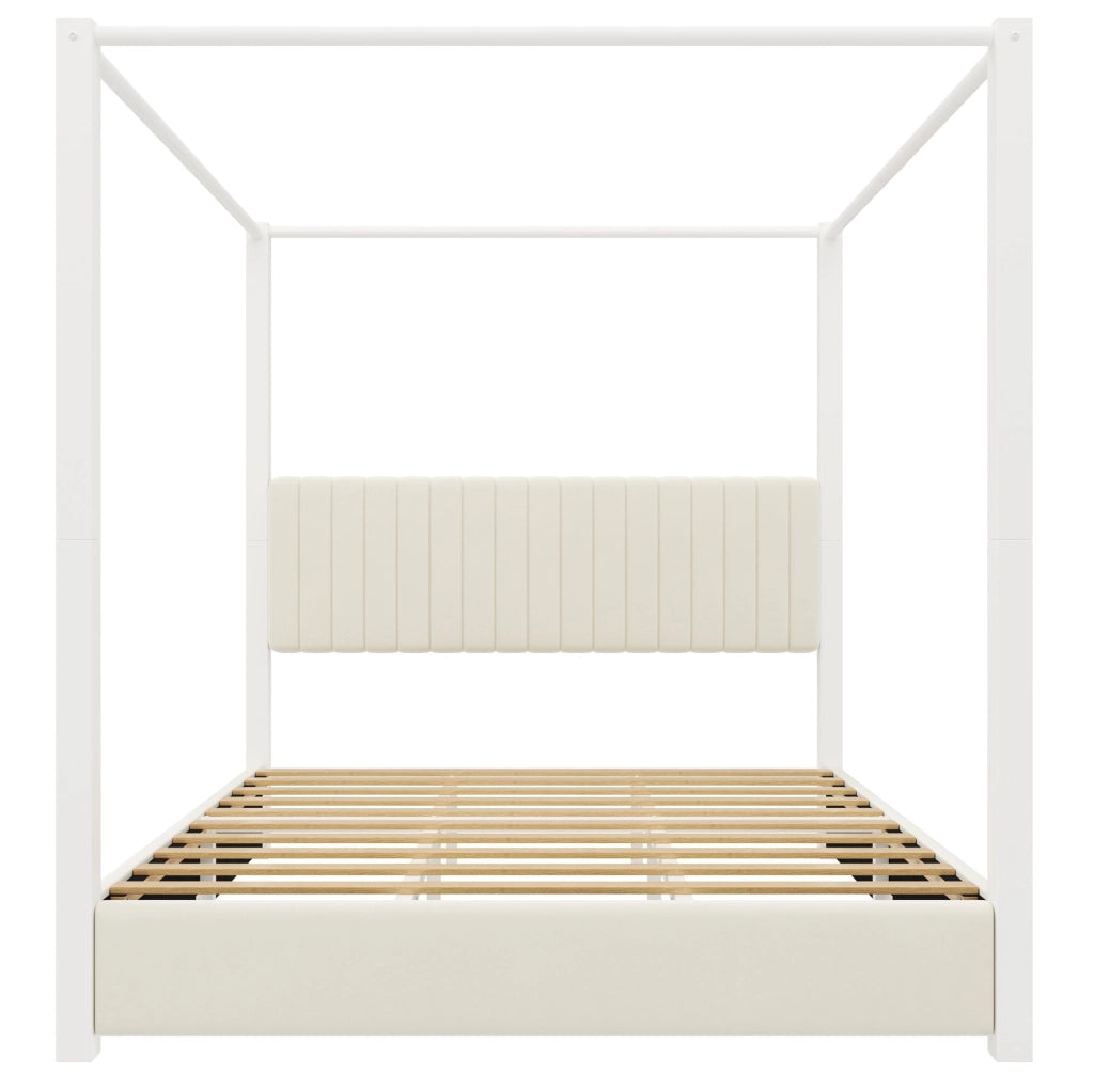 Letto matrimoniale a baldacchino imbottito 180x200 cm in velluto beige e bianco; struttura in metallo