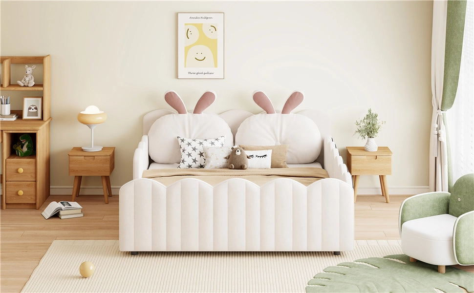 Letto imbottito con cuscino a coniglio, 140x200 cm, beige
