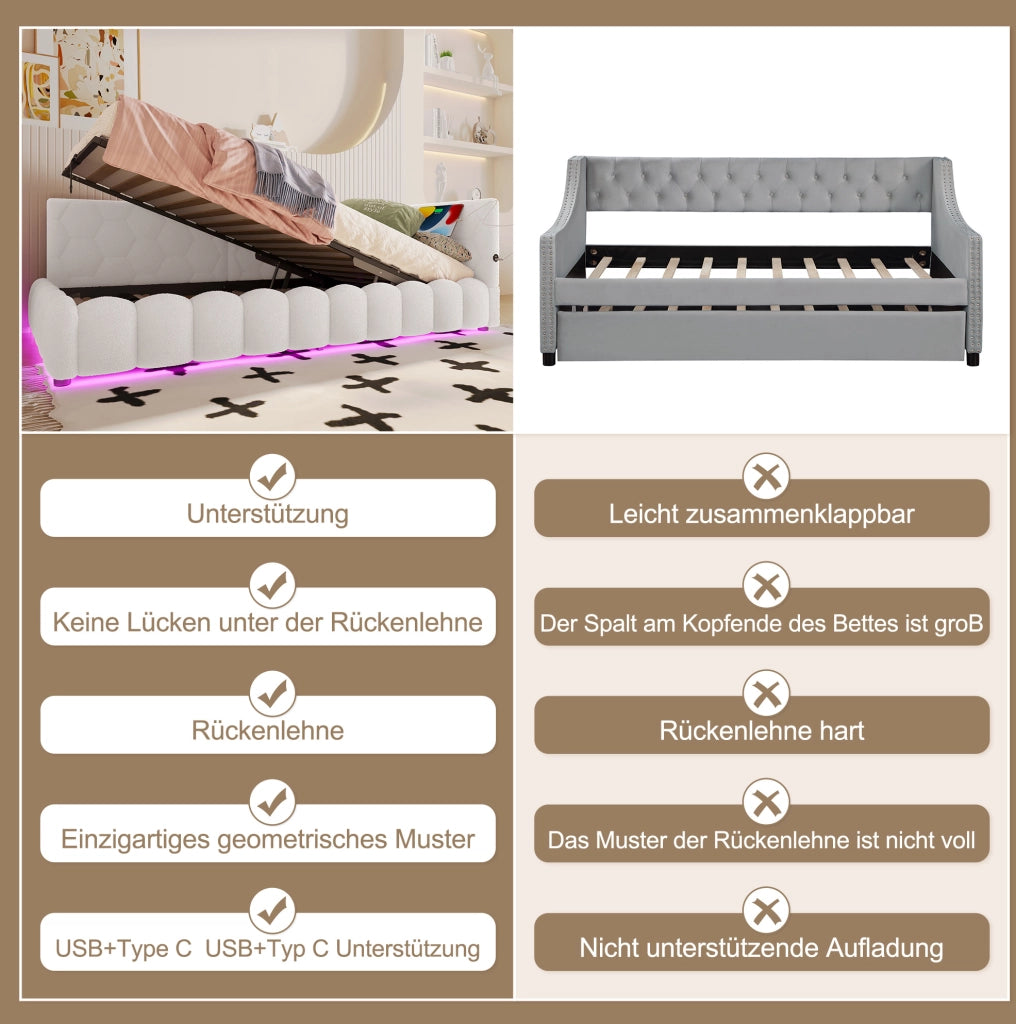 Letto contenitore 90x200 cm con LED, USB e Type-C