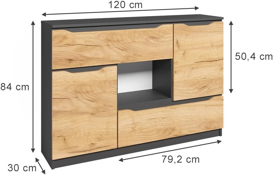 Cassettiera per camera da letto Ruben, Quercia dorata, 120 x 84 cm con cassetti, per riporre abiti e oggetti di uso quotidiano