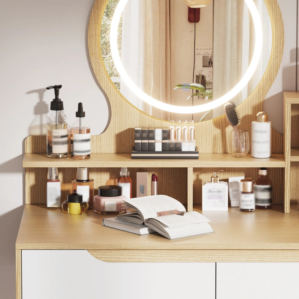 Set da toeletta con sgabello imbottito, specchio con illuminazione a LED, 2 cassetti e finitura effetto legno