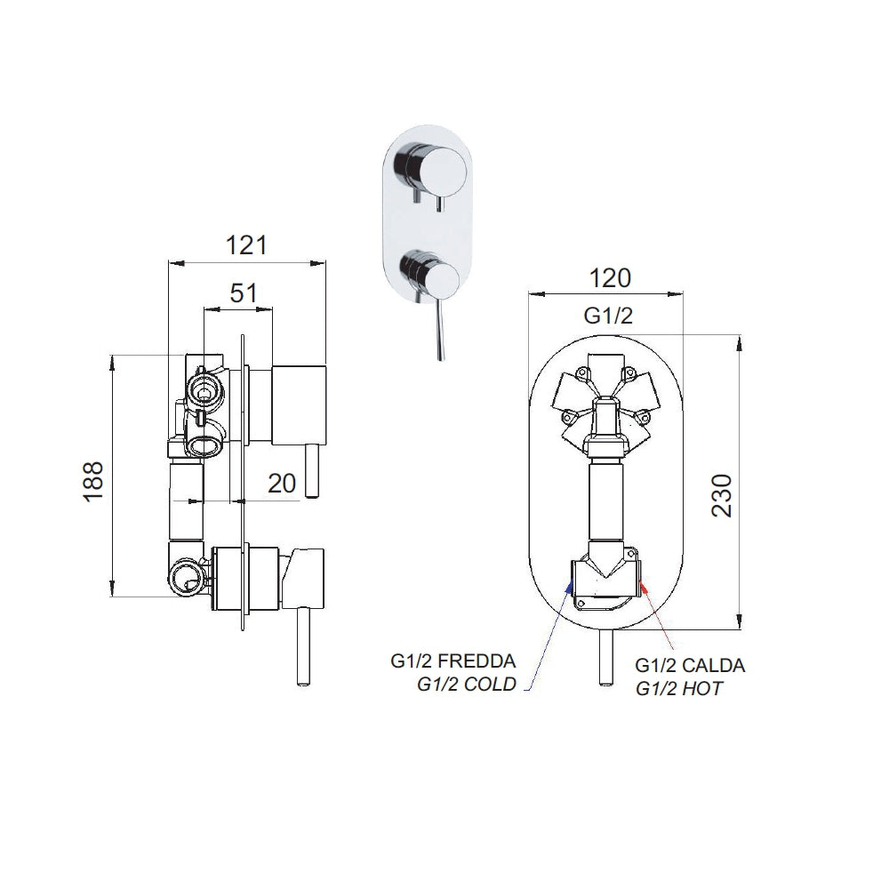 Rubinetto doccia con deviatore a 5 posizioni su piastra unica - serie minimal