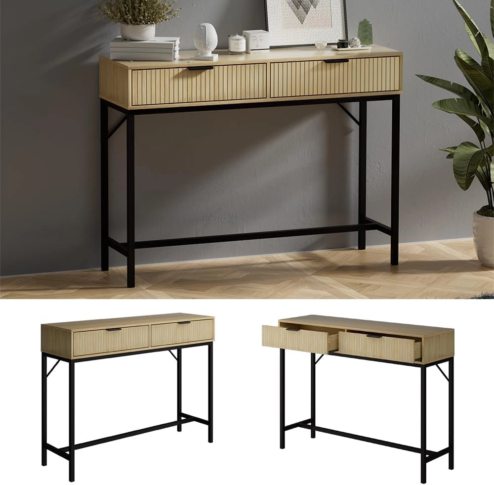 Tavolo consolle Lennox, Rovere, 100 x 75 cm con 2 cassetti, adatto per riporre riviste e telecomandi