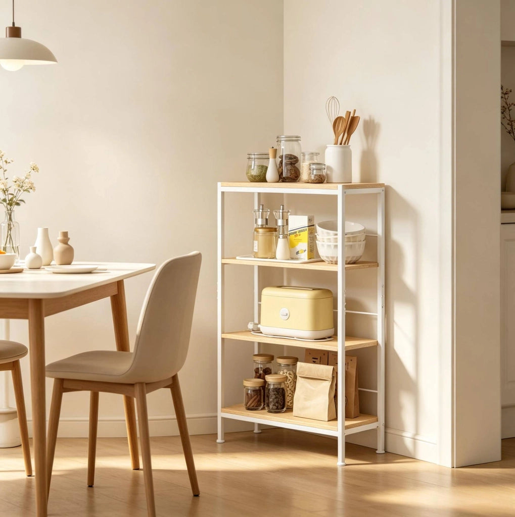 Scaffale portaoggetti a 4 ripiani in MDF e metallo, 50x20x78 cm, bianco e rovere chiaro