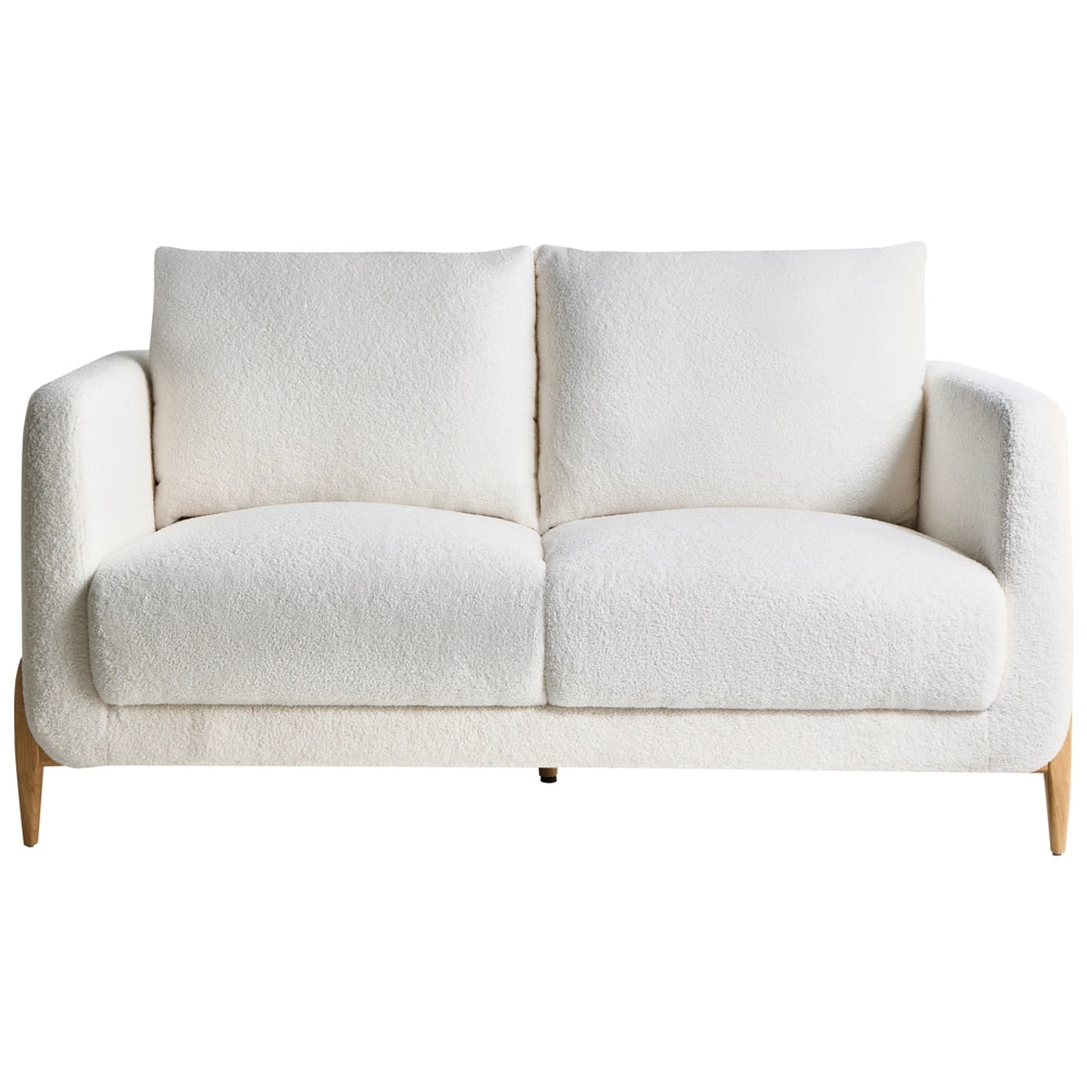 Divano a 2 posti Rivestimento in bouclè bianco Gambe in legno con braccioli Angolo lettura soggiorno Stile scandinavo moderno