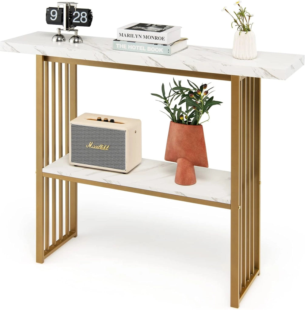 Tavolo Consolle da Divano in Acciaio con Motivo a Forma di Marmo, Tavolo da Ingresso con 2 Ripiani, Salvaspazio e Superficie Liscia per Soggiorno, Salotto, Ingresso, 120 x 29,5 x 93 cm