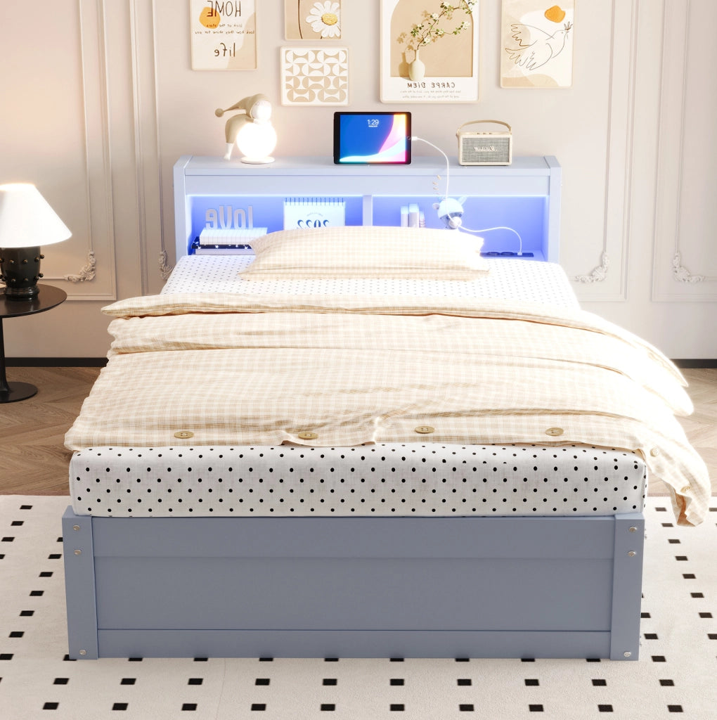 Letto multifunzionale 90x200 cm con vano contenitore, LED e presa integrata
