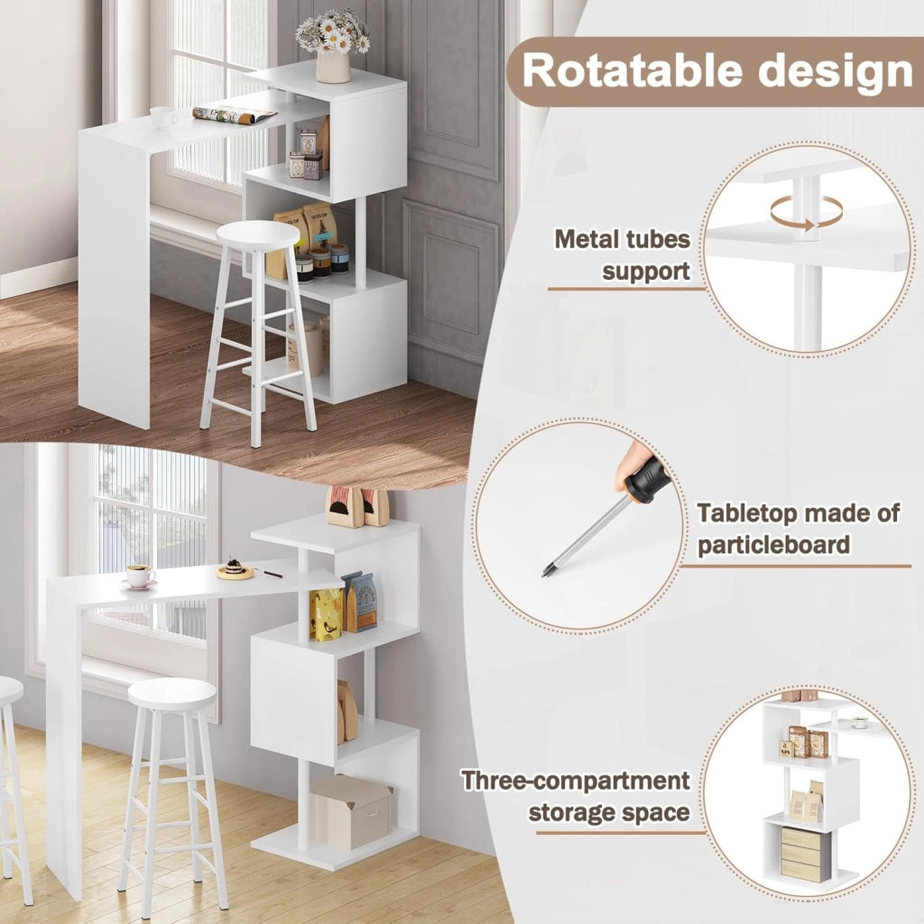 Tavolo con 2 Sgabelli Alti Set, Mobili da Bar Bancone con ripiano portaoggetti, Tavolo Alto con Sedia in Acciaio Legno per Cucina, Bianco