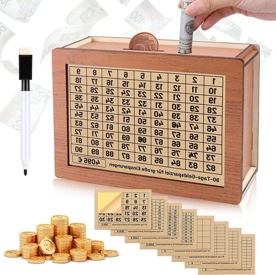 Scatola di risparmio in legno con numerazione a stampiglia - orsacchiotto di risparmio con bersaglio di risparmio - concetto di risparmio a 30 giorni - 60 giorni - 90 giorni - 100 giorni (8 pezzi)
