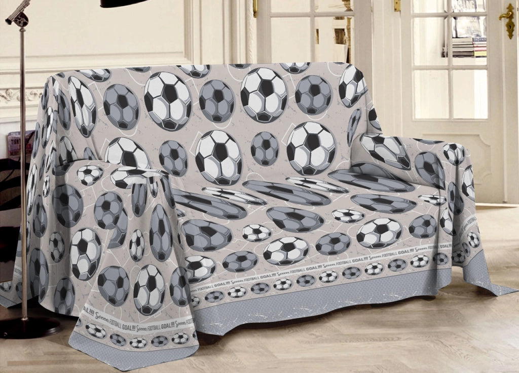 Telo Arredo Multiuso Linea Pensieri Delicati In 100% Cotone Disegno Calcio - Matrimoniale - Grigio