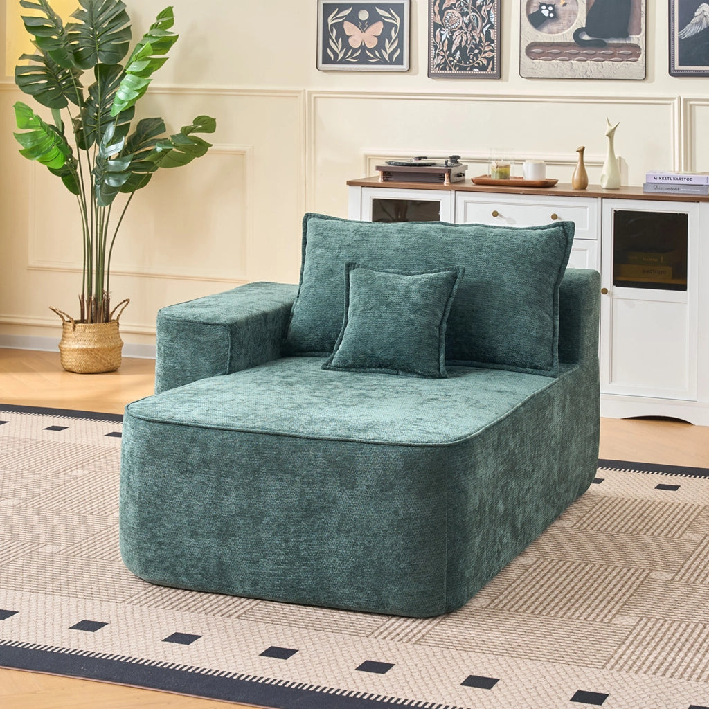 Chaise Longue Relax con Cuscino e Tasche Laterali; Comfort Morbido; Senza Montaggio; in Ciniglia Verde