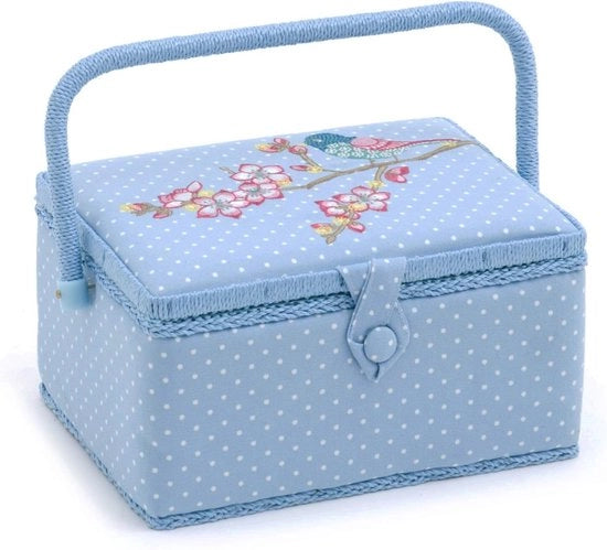 Cassa da lavoro per cucito a mano con cassettino accessori e cuscino spilli - Uccelli ricamati, maniglia in PVC - 185 x 255 x 145 cm