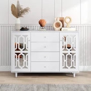 Credenza Specchiata con Maniglie a Cristallo,2 ante con ripiani mobili interni e 4 cassetti centrali,Bianco