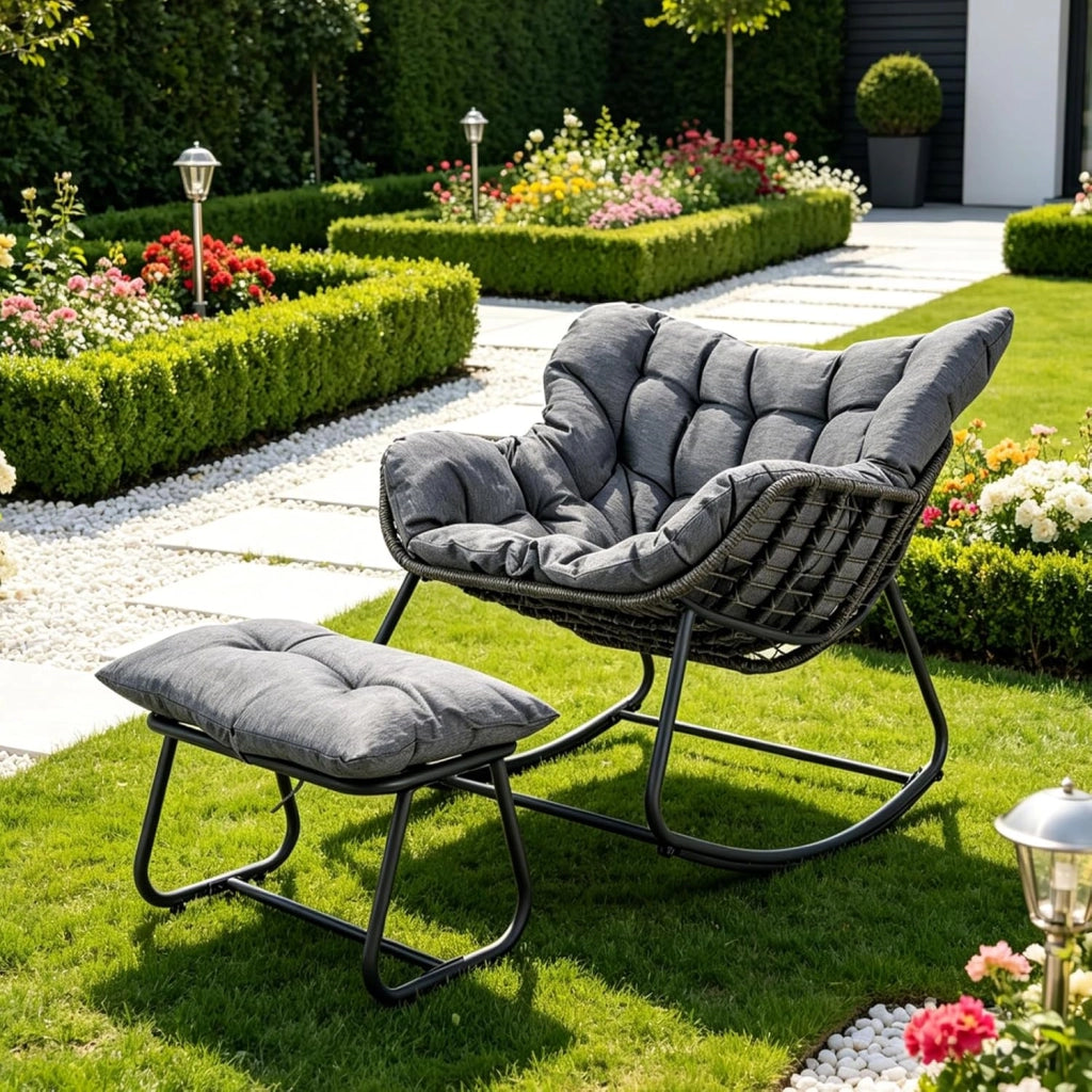 Poltrona a Dondolo con Poggiapiedi, Sedia a Dondolo da Interno ed Esterno, Poltrona Relax in Rattan con Cuscini Rimovibili per Soggiorno, Balcone e Giardino, Portata 150 kg (Grigio)