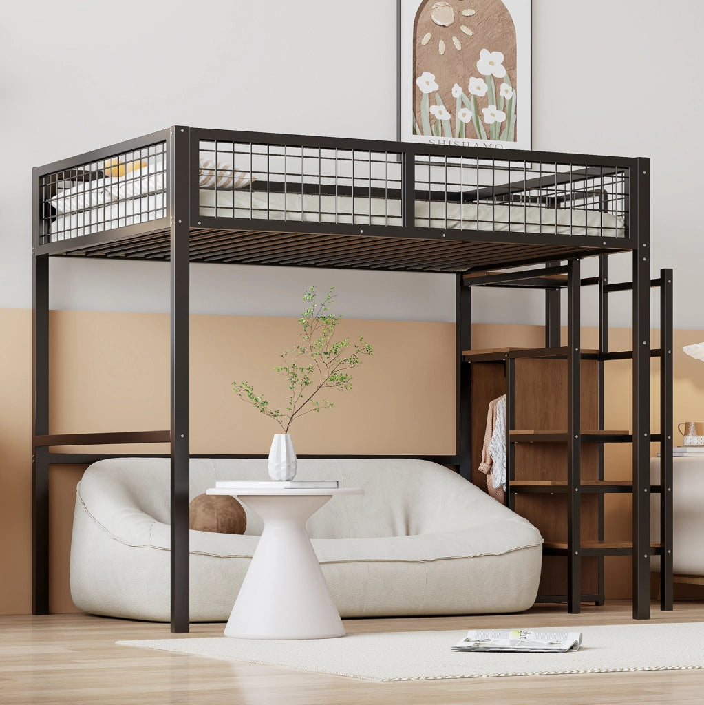 Letto a soppalco 140x200 cm con armadio e scala in MDF e metallo; nero